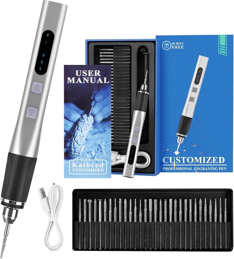 Kaibced Engraving Pen, Ultimate Cordless Engraving Pen for Artists & DIYers - Engrave 60+ Surfaces - Beginner Friendly- 30 Bits & Mastery Guide (Silver) - Image 1